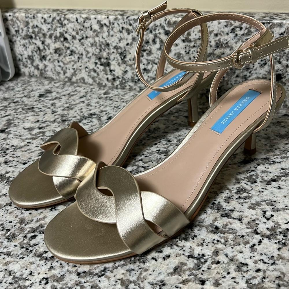 Draper James Gold low heel open toe heels.